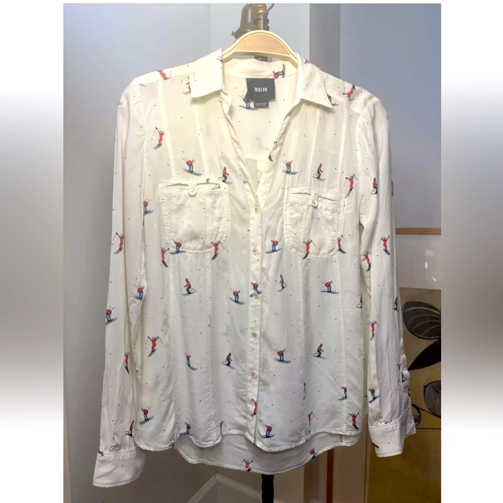 Anthropologie Maeve Womens Ivory Top Allover Skier Button Up Shirt Top Size 2 XS